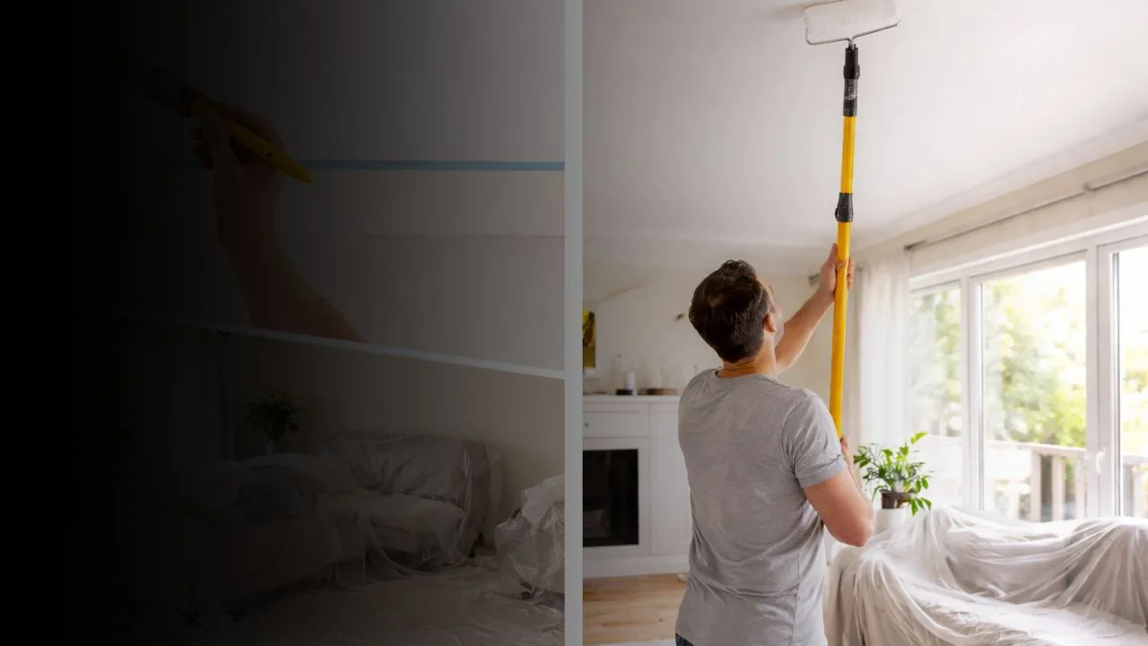  Blog header showing how long paint takes to dry vs fully cure with hand on wall