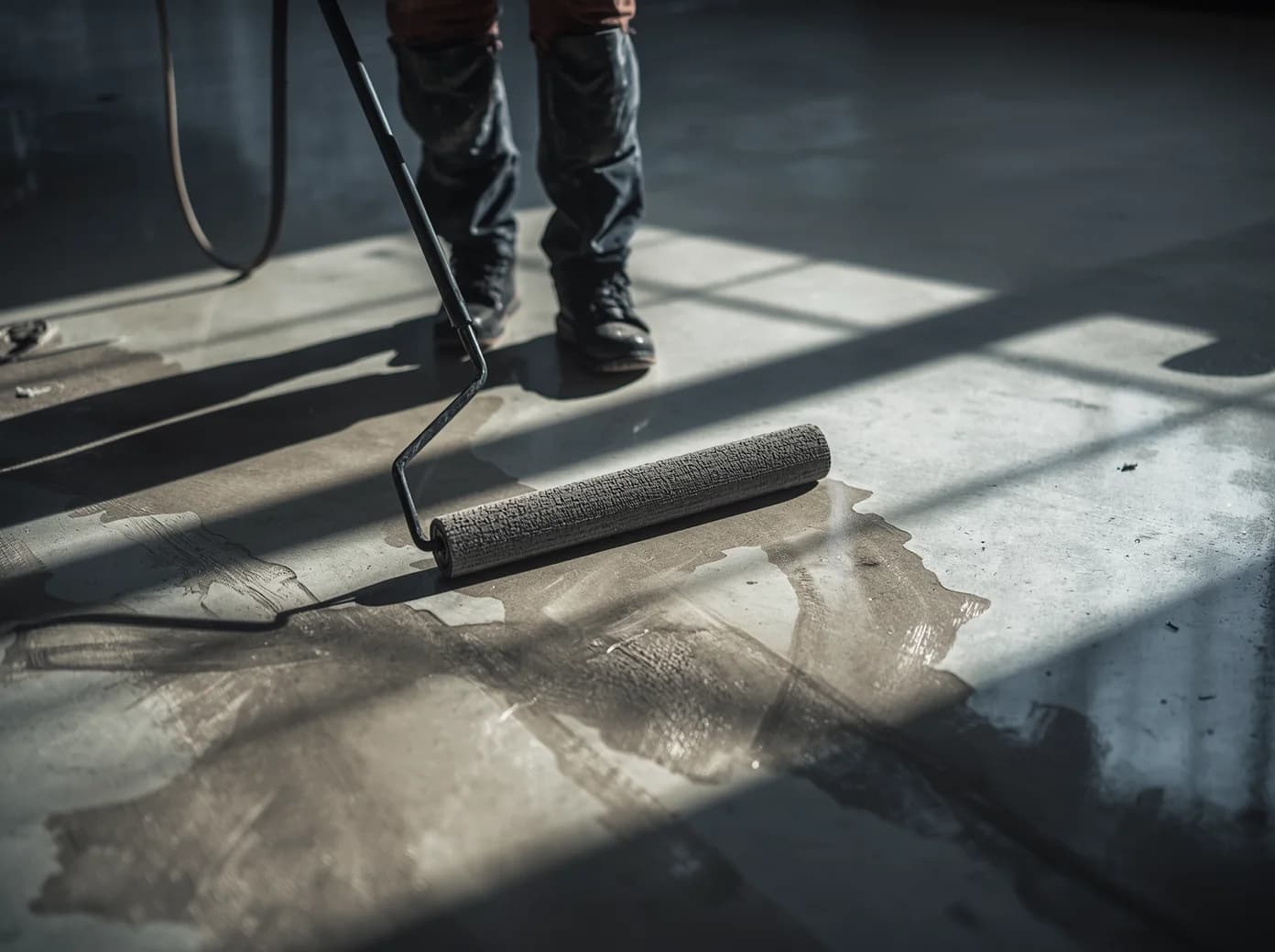 Worker applying protective sealer on flooring during service