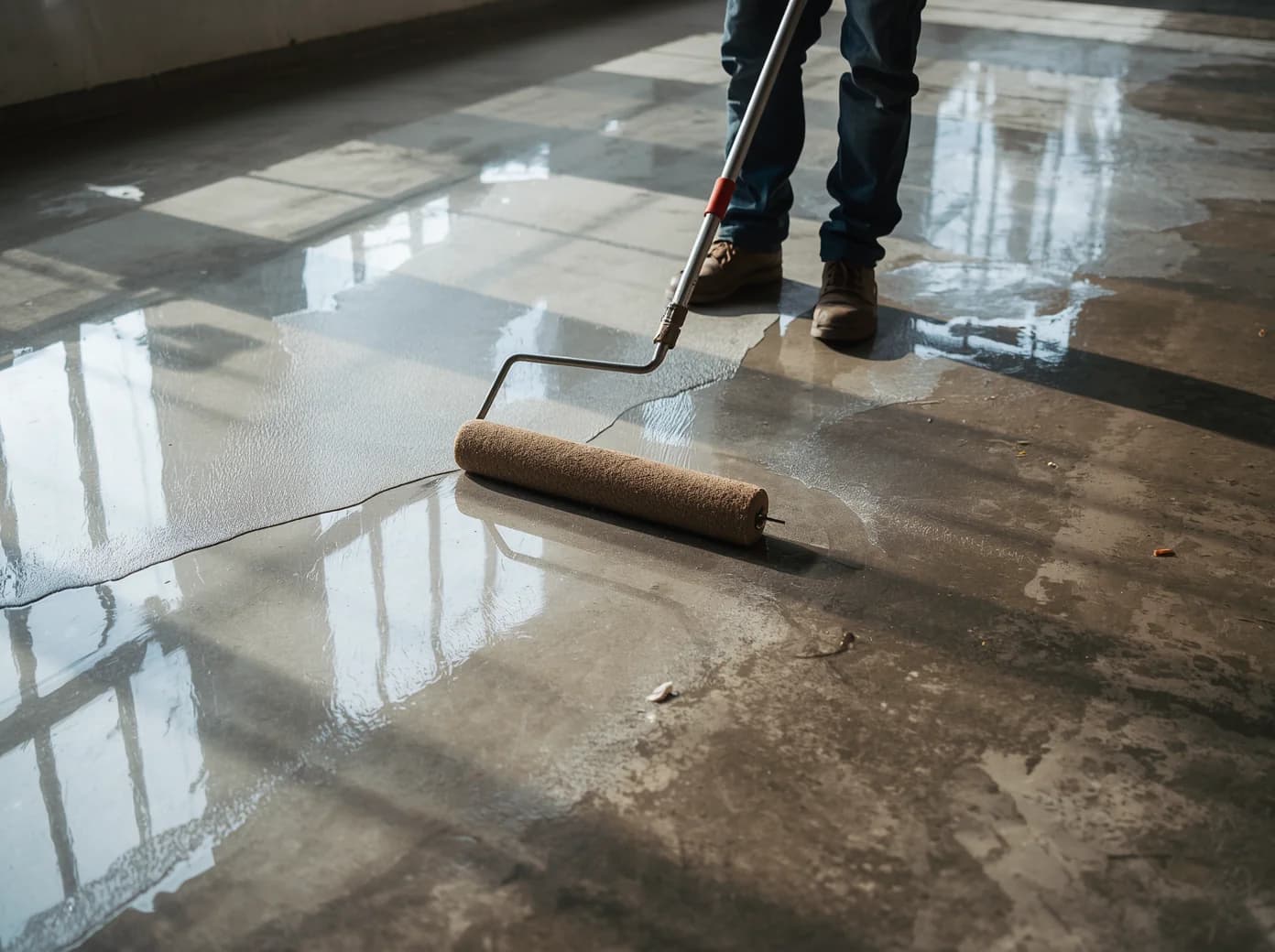 Worker polishing wet flooring to achieve a glossy finish