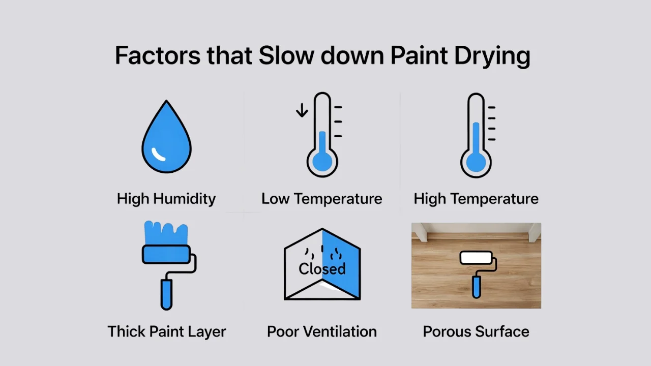 Clean infographic of factors that slow down paint drying