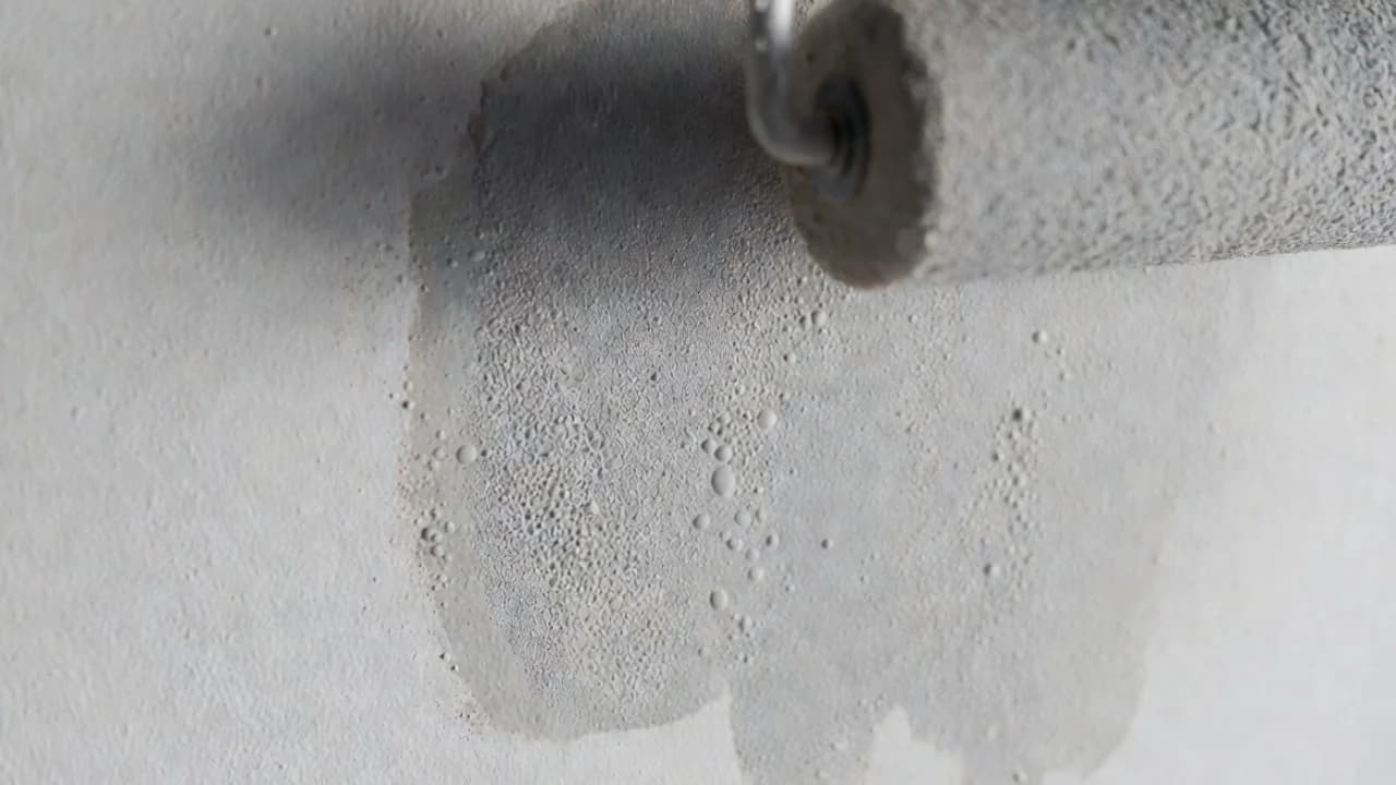 Close-up of wall with bubbling and uneven paint from applying second coat too early