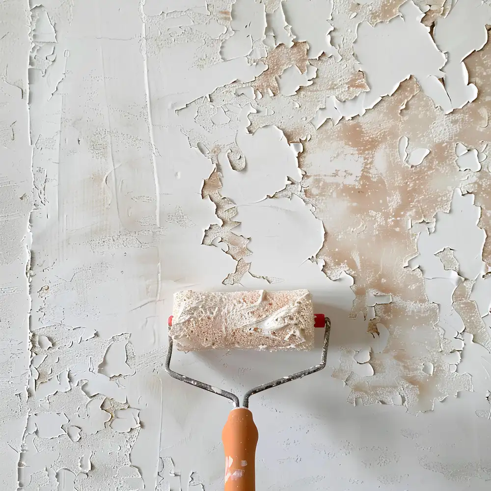 Paint roller applying a fresh coat after removing peeling paint from a damaged wall, showing proper surface preparation before repainting.
