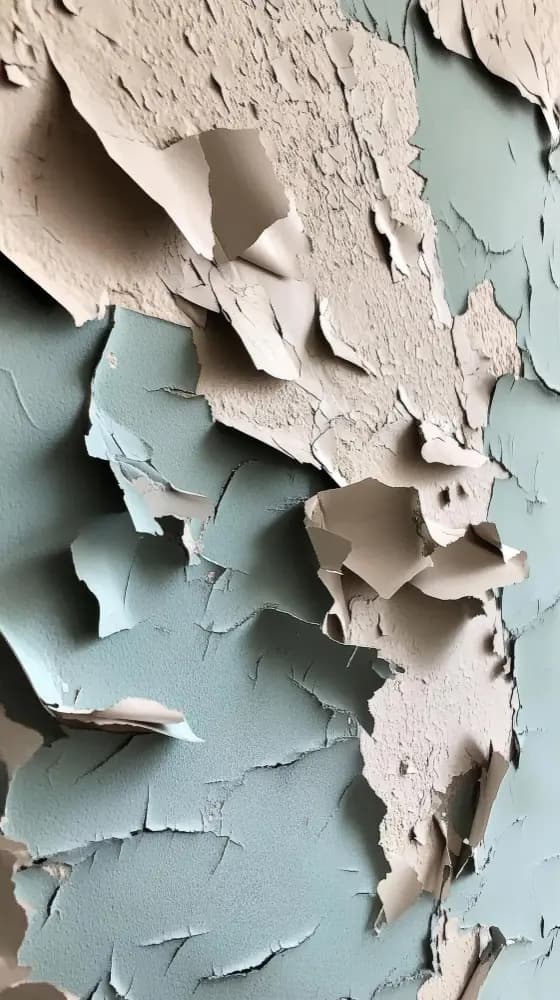 Close-up of severely peeling paint exposing underlying wall layers, illustrating paint failure caused by moisture and poor surface adhesion.